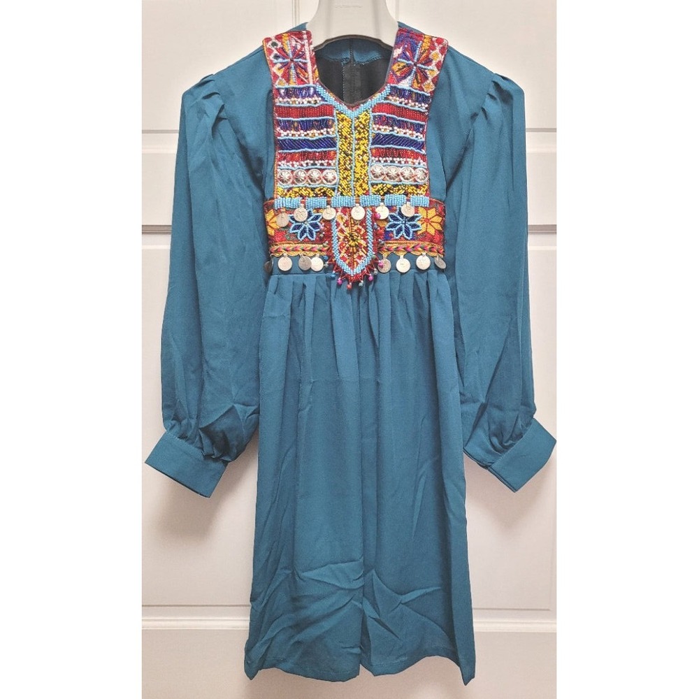Handmade Kids Girl's Afghan Beaded & Coin Kuchi Dress - Blue 30" Chest
